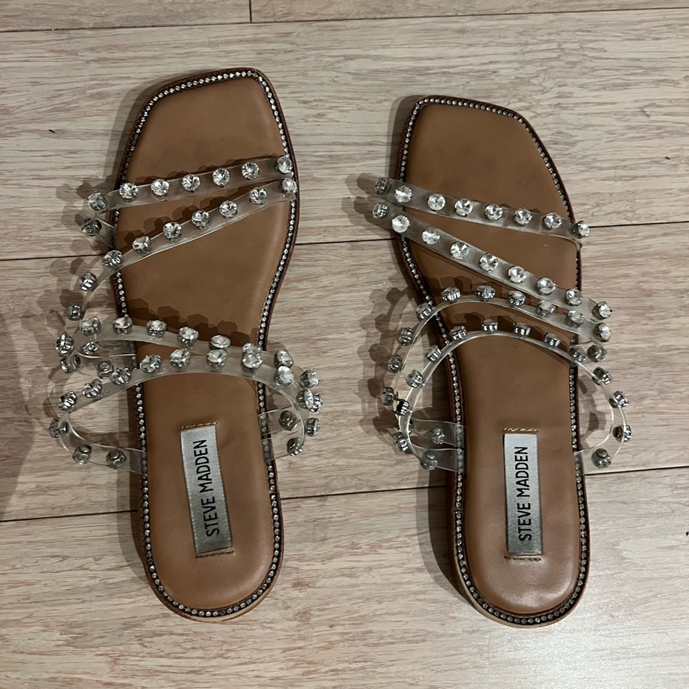 Steve Madden Brown Sandals with Clear Embellished Straps
